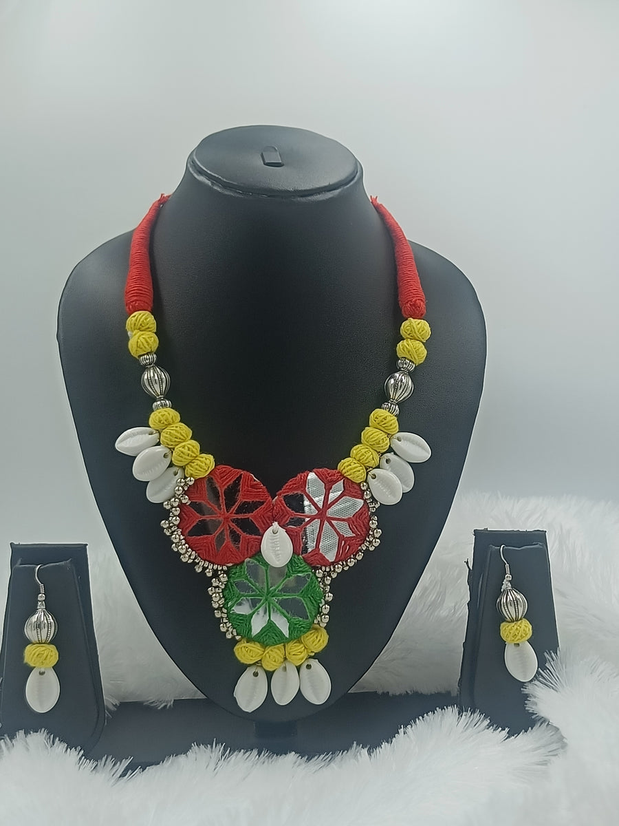Fabric Neck Piece Set with Mirror Pendants