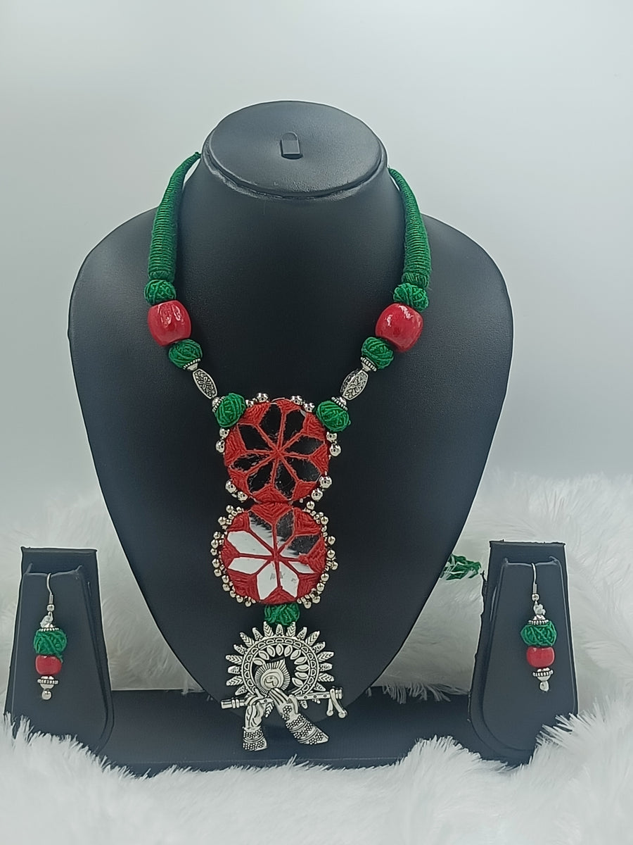 Fabric Neckpiece with Pendant and Mirrors